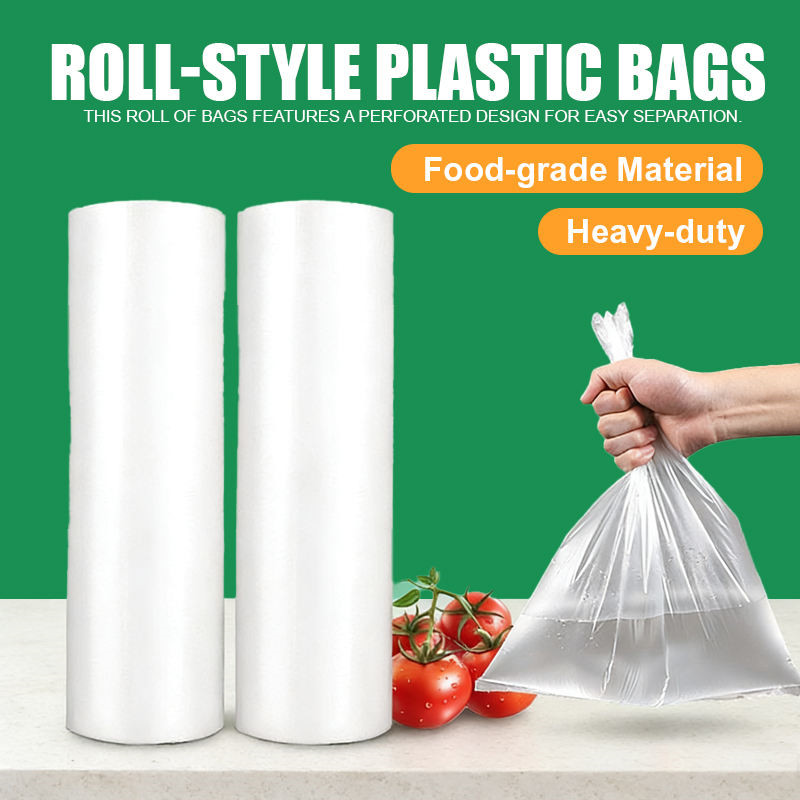 Flat open produce bags roll loaded on supermarket dispenser for fresh fruit and vegetable packing Flat open produce bags roll loaded on supermarket dispenser for fresh fruit and vegetable packing